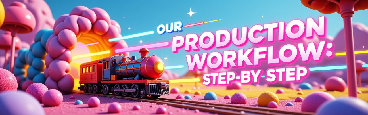 おもちゃの汽車が線路を進むイラストと「OUR PRODUCTION WORKFLOW: STEP-BY-STEP」の文字。AI動画編集サービスの制作ステップを分かりやすく表現。AI動画編集, NotebookLM, 制作の流れ, 動画制作フロー, ワークフロー