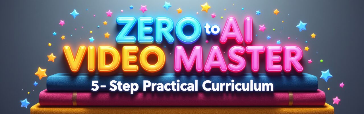 記事内の「知識ゼロからAI動画編集マスターへ!実践重視の全5ステップ・カリキュラム」セクションのヘッダー画像。「ZERO to AI VIDEO MASTER 5-Step Practical Curriculum」の文字と積まれた本が、段階的な学習ステップを表現。AI動画編集, カリキュラム, NotebookLM, 動画制作 初心者, スキルアップ