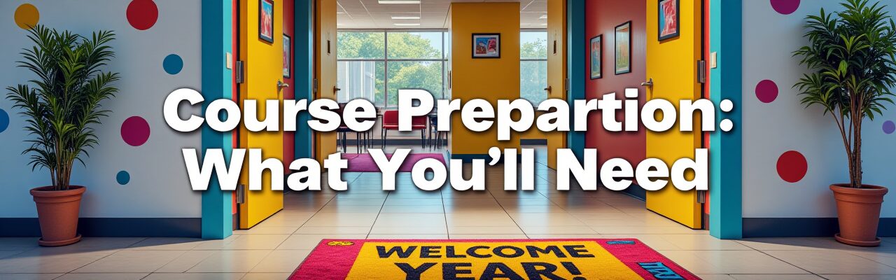 「受講にあたってご準備いただくもの」セクションのヘッダー画像。「Course Preparation: What You'll Need」の文字と学校の入り口のようなイラストが、講座受講に必要な準備物を案内することを示唆。AI動画編集講座 準備, 必要機材, ソフトウェア, アカウント作成, 受講環境