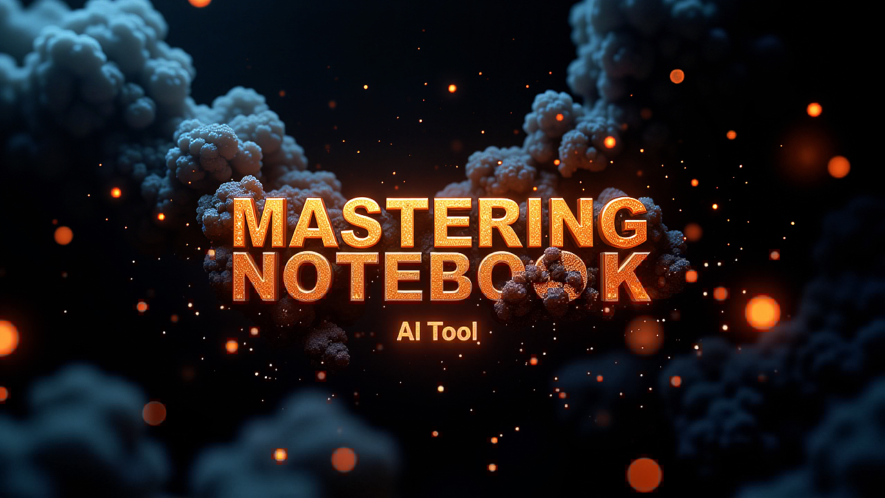 暗い背景に煙と光る粒子が舞う中、「MASTERING NOTEBOOK AI Tool」という金色の3Dテキストが浮かぶNotebookLM解説記事のタイトル画像。NotebookLM, AI Tool, Google AI, Mastering NotebookLM, Information Organization