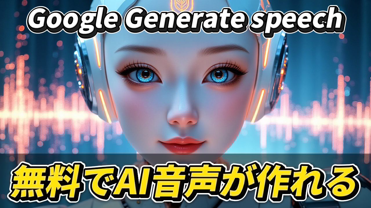 「Google Generate speech」と「無料でAI音声が作れる」というテキストと共に、ヘッドフォンを装着した女性型アンドロイドが描かれた画像。Google AI Studioの音声合成機能「Generate Speech」を紹介する記事のサムネイル。Generate Speech, AI音声, Google AI Studio, 音声合成, 無料