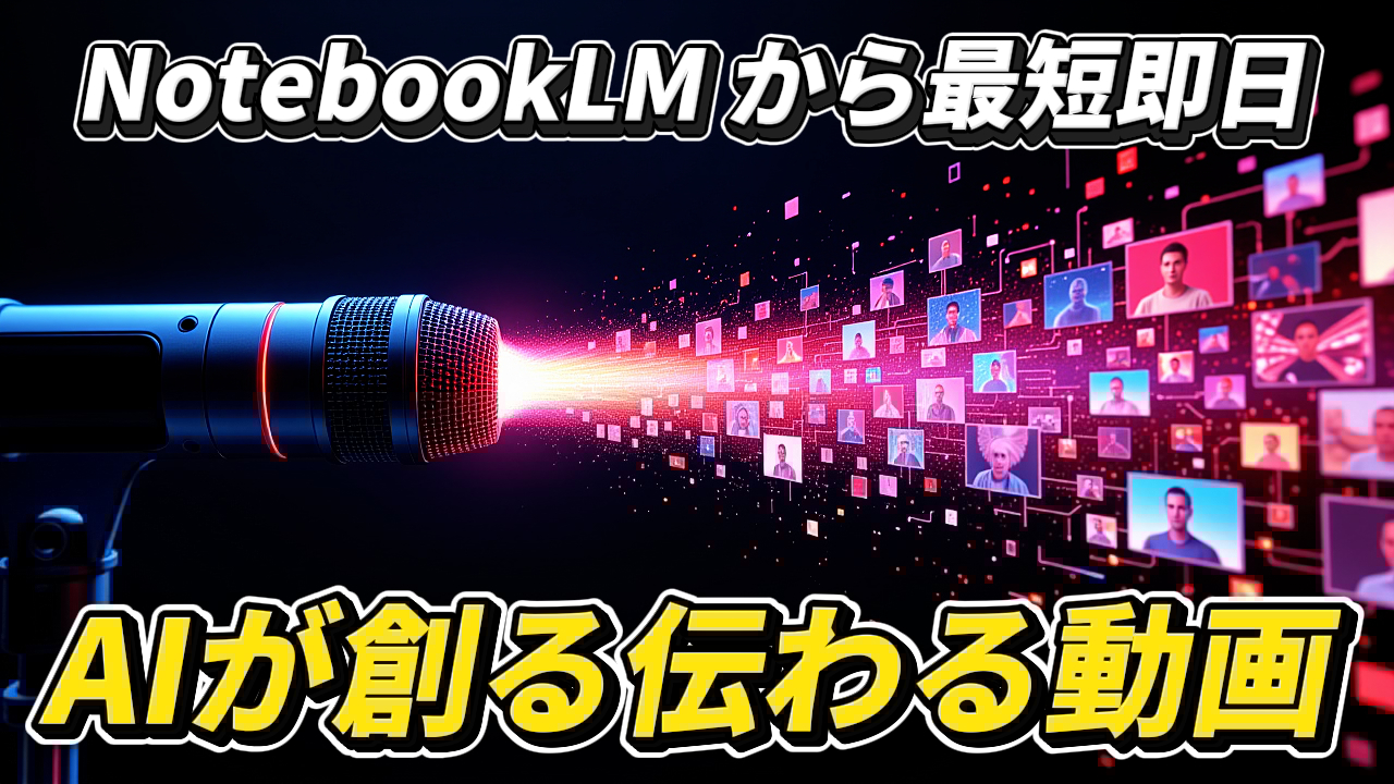 マイクから発せられるNotebookLMの音声が、AI技術により多数の人物サムネイルが表示された動画コンテンツへと変換される様子。「NotebookLMから最短即日」「AIが創る伝わる動画」の文字入り。NotebookLM, AI動画編集, 動画制作, フルテロップ, AI画像生成。