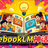 「NotebookLM 神活用術」の文字と、開かれたノートから情報を得る4人のキャラクター、ひらめきを表す電球が描かれたイラスト。NotebookLMの多様な情報ソース活用とアイデア創出のイメージ。NotebookLM, AI活用, 情報整理, ソース追加, Google AI