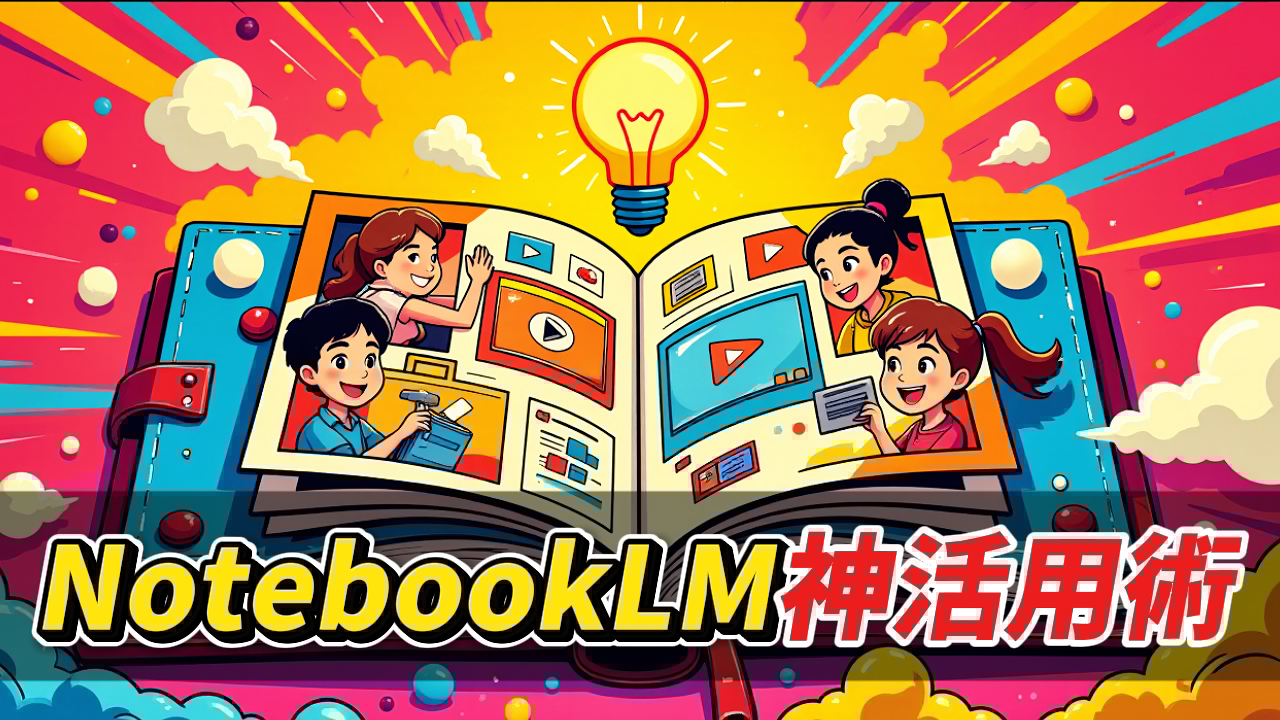 「NotebookLM 神活用術」の文字と、開かれたノートから情報を得る4人のキャラクター、ひらめきを表す電球が描かれたイラスト。NotebookLMの多様な情報ソース活用とアイデア創出のイメージ。NotebookLM, AI活用, 情報整理, ソース追加, Google AI