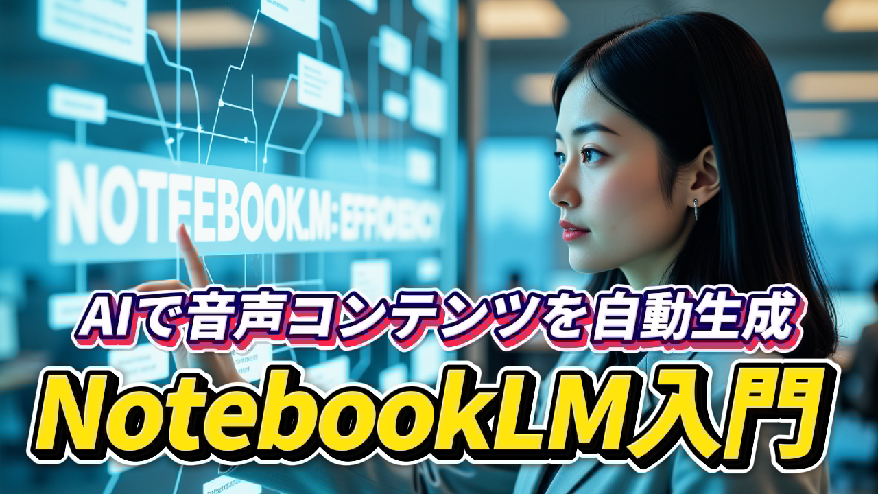 未来的なタッチスクリーンを操作する女性。画面には「NOTEBOOKLM」と表示され、AIによる音声コンテンツ自動生成機能を持つGoogleのツール「NotebookLM」の使い方を紹介する記事のアイキャッチ画像。NotebookLM, AI, 音声生成, Google, 使い方