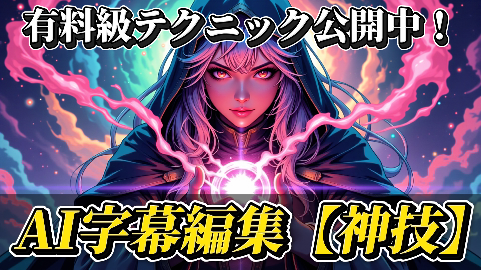 フードを被った女性キャラクターが魔法のようなエフェクトと共にオーブを操るイラスト。「有料級テクニック公開中！」「AI字幕編集【神技】」という文字が配置され、AIを活用した高度な動画編集・字幕編集テクニックを紹介する記事のアイキャッチ画像として使用されている。AI字幕編集, 有料級テクニック, 神技, 動画編集, AI活用