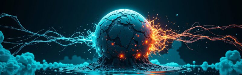 ひび割れた球体から青とオレンジのエネルギーが伸びる未来的なイメージ。動画生成AI「FramePack」のアイキャッチで、AIイラストからモーフィング動画などをColabで制作する創造性を示す。動画生成AI, FramePack, モーフィング動画, Colab, AIイラスト