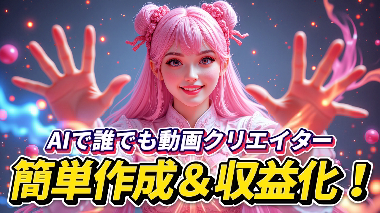 ピンク髪の女性キャラクターが両手を前に出す。「AIで誰でも動画クリエイター 簡単作成＆収益化！」の文字。AI動画制作講座を紹介するサムネイル。初心者でもAIを活用し動画クリエイターとして収益化を目指せることを示す。AI 動画制作, 動画クリエイター, 収益化, Stable Diffusion, 初心者