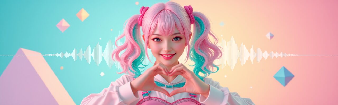 ピンクと水色の髪のAI風キャラクターがハートポーズ。背景は音波とパステルカラーの図形。AI音声ツールの料金セクション用画像。AI音声 料金, Google AI Studio, キャラクター, ピンク髪, ハートポーズ