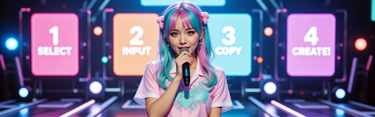 ピンクと水色の髪のAI歌姫が中央に立ち、背景に「1 SELECT」「2 INPUT」「3 COPY」「4 CREATE!」と書かれた4つのステップを示すパネルが並ぶ。これはプロンプト設計ツールの簡単な使い方を示している。AI歌姫イラスト, プロンプト設計, SUNO AI, LLM, 使い方ステップ