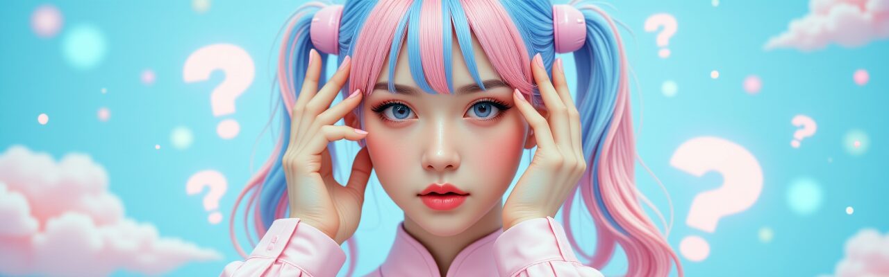 ピンクと水色のツインテールの女性が頭に手を当て困惑した表情、背景に多数の疑問符が浮かぶイラスト。AI音声制作やプロンプト作成における様々な悩みや疑問を視覚的に表現。AI音声制作, プロンプト作成, 悩み, 疑問, Google AI Studio