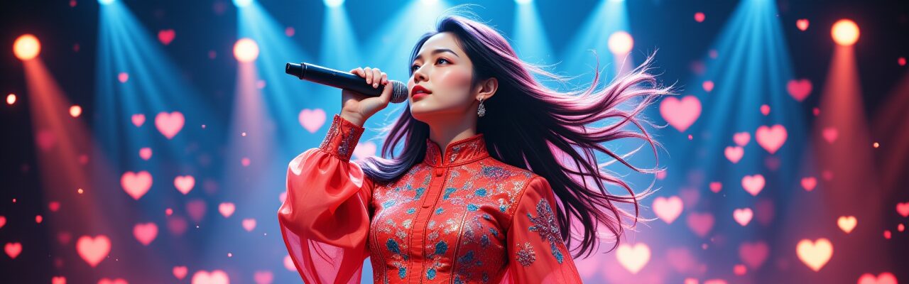 赤い中国風の衣装を着た紫髪のAI歌姫がステージで歌う。背景にはハート型の光が多数あり、スポットライトが当たっている。これはAI歌姫イラスト生成機能のイメージ。AI歌姫イラスト, SUNO AI, プロンプト設計, 歌詞画像, LLM