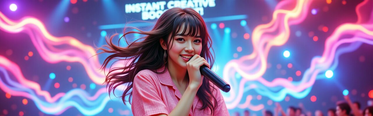 笑顔のAI歌姫がステージで歌い、背景に「INSTANT CREATIVE BOOST!」。プロンプト設計ビューワーがAIクリエイティブを効率化する様子を示す。AI歌姫イラスト, プロンプト設計, SUNO AI, クリエイティブ効率化, LLM