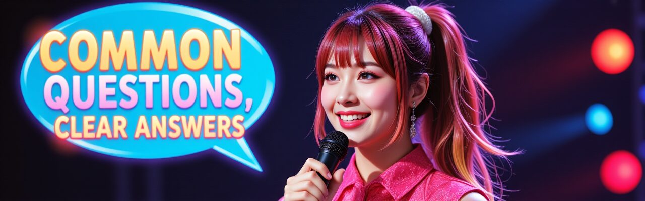 笑顔のAI歌姫がマイクを持ち「COMMON QUESTIONS, CLEAR ANSWERS」と書かれた吹き出し。記事の「よくあるご質問」の導入部分。AI歌姫, FAQ, よくある質問, プロンプト設計, SUNO AI