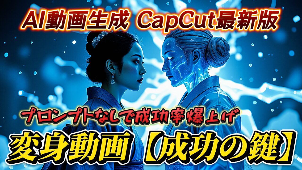 CapCut最新版でのAI動画生成を示す画像。人間風の女性と青いサイボーグ風の女性が向き合い、「変身動画【成功の鍵】」「プロンプトなしで成功率爆上げ」等のテキストが表示されている。AI動画生成, CapCut, 変身動画, プロンプト, Seaweed V1.0