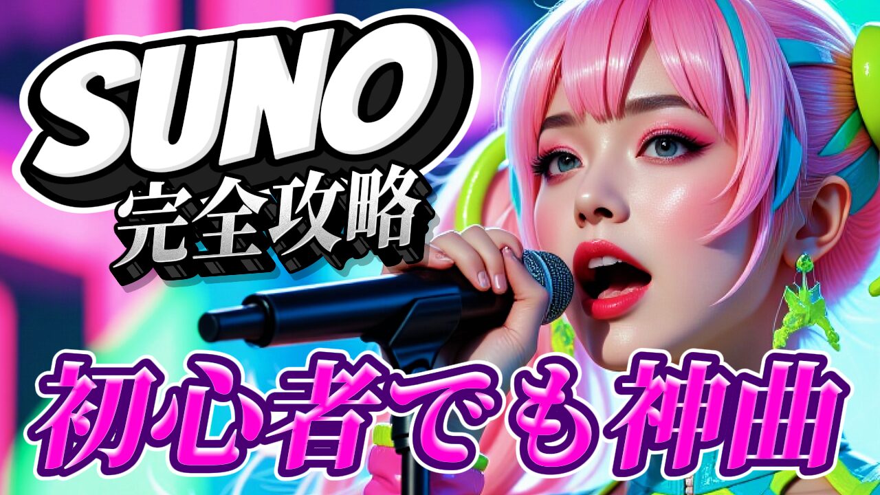 ピンク髪のAI歌姫がマイクで歌う姿。「SUNO 完全攻略」「初心者でも神曲」の文字。AIでの歌詞作成やAI歌姫イラスト生成を支援するツールの紹介。SUNO AI, AI歌姫, プロンプト, 歌詞作成, 初心者