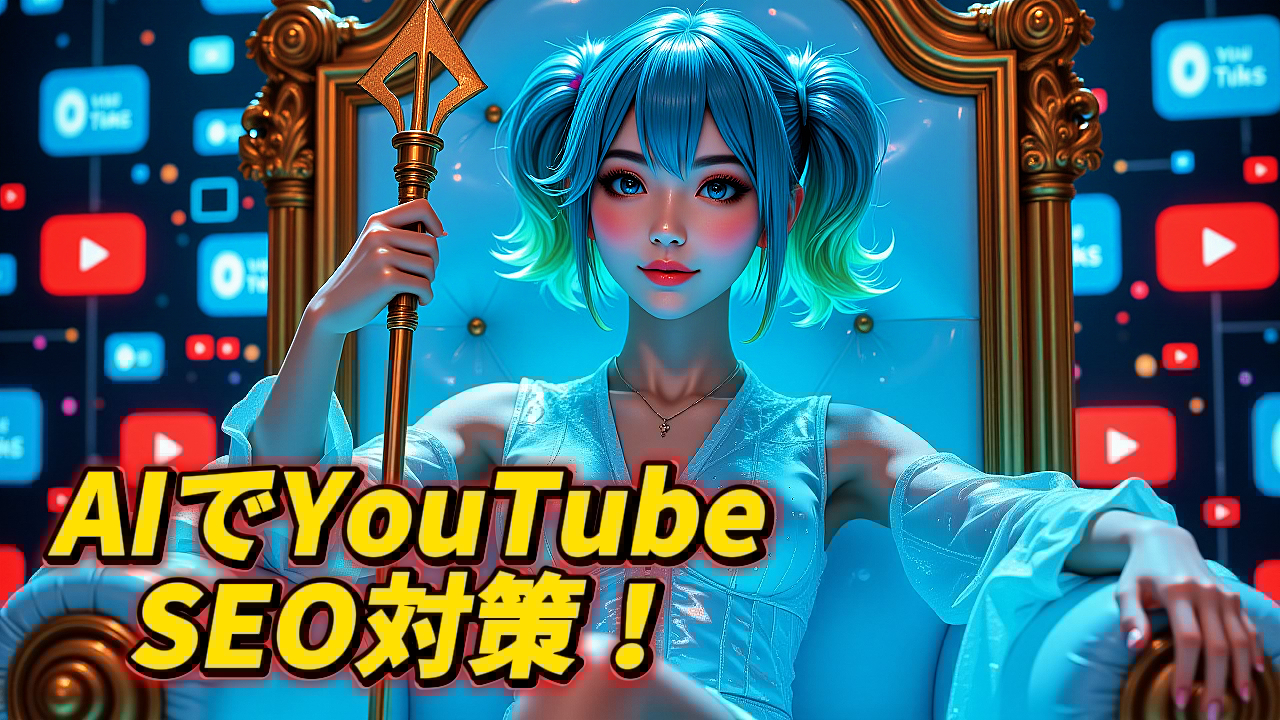 玉座に座るアニメ風の女性が「AIでYouTube SEO対策！」というテーマを象徴する画像。背景にはYouTubeロゴが浮かび、AIによる動画分析とSEO効率化を視覚的に表現している。AI, YouTube, SEO対策, 動画分析, 効率化