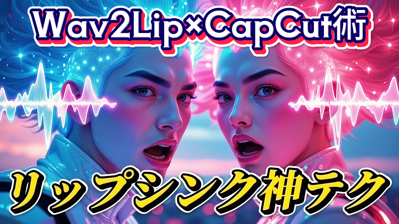 AI動画編集のイメージ。ローカルツールで話者分離後、Wav2LipとCapCutでリップシンク動画を作成する流れを、向き合う人物と音声波形、「リップシンク神テク」の文字で表現。Wav2Lip, CapCut, リップシンク, AI動画編集, 話者分離