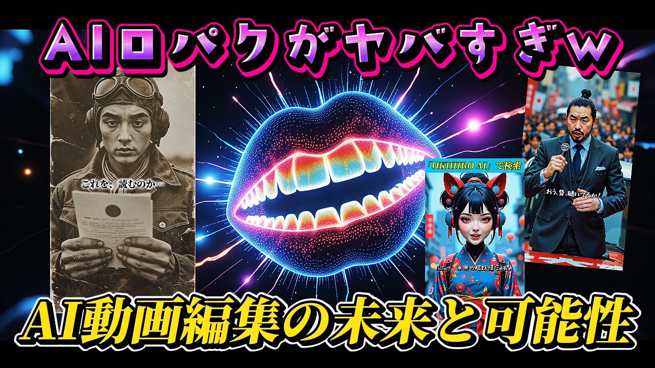 AI動画編集の未来と可能性を示すYouTubeサムネイル。中央の光る唇はAIリップシンクを、左右の人物画像はCapCut等による動画生成AIの活用例を示唆。「AI口パクがヤバすぎW」「OKIHIRO AI」の文字も見える。AI動画編集, CapCut, AIリップシンク, OKIHIRO AI, 動画生成AI