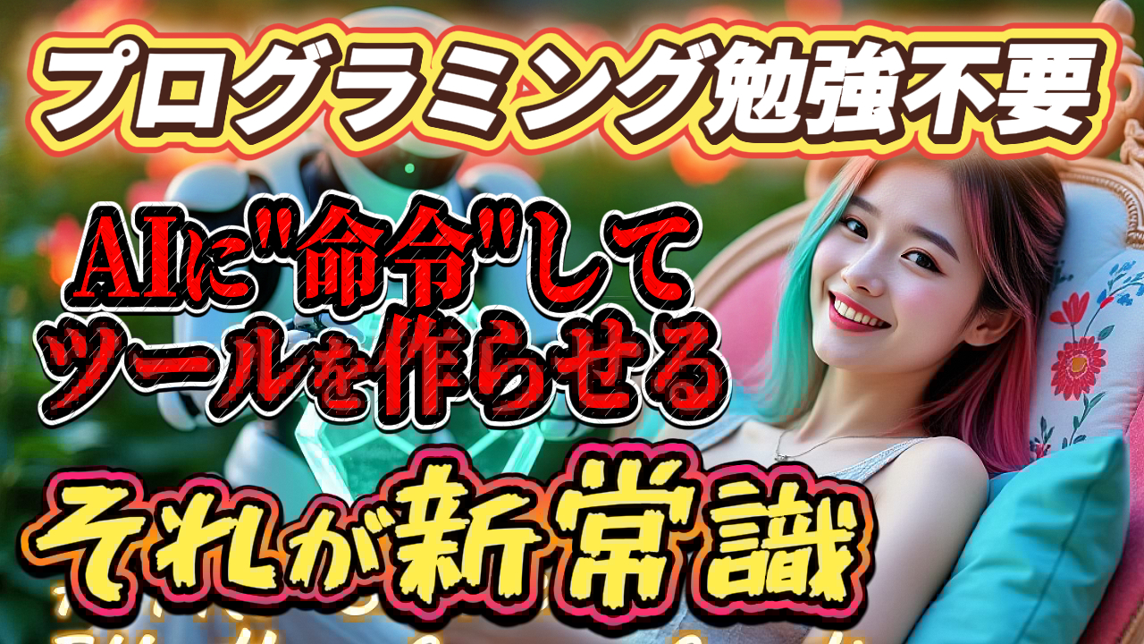 「プログラミング勉強不要」「AIに"命令"してツールを作らせる」というテキストが配置された画像。AI活用による業務効率化をテーマに、ロボットとリラックスした女性が描かれ、プログラミング不要で自動化ツールが作れる新常識を示唆している。AI 活用, プログラミング不要, 自動化ツール, 業務効率化, AI 命令
