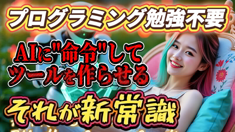 「プログラミング勉強不要」「AIに"命令"してツールを作らせる」というテキストが配置された画像。AI活用による業務効率化をテーマに、ロボットとリラックスした女性が描かれ、プログラミング不要で自動化ツールが作れる新常識を示唆している。AI 活用, プログラミング不要, 自動化ツール, 業務効率化, AI 命令