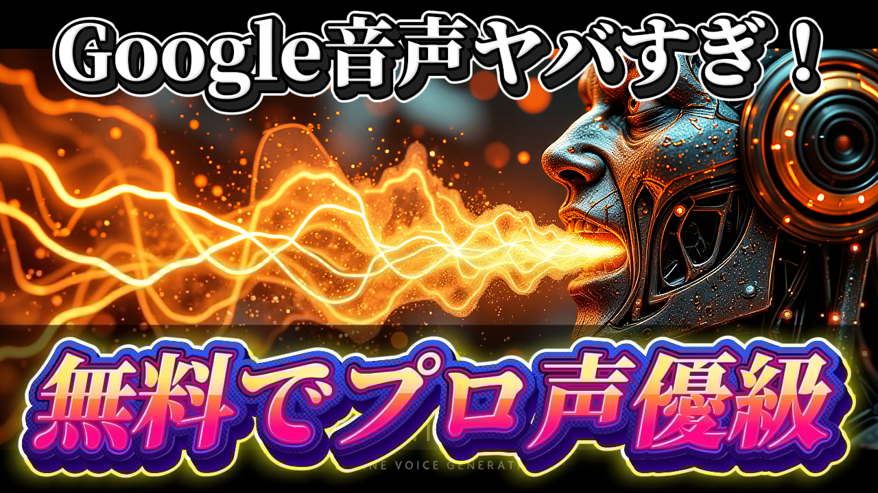 GoogleのAI音声技術の進化を象徴する画像。人型の機械が口からオレンジ色の音声波形のようなものを発しており、「Google音声ヤバすぎ！」「無料でプロ声優級」というテキストが配置されている。この記事ではGoogleの最新AI音声生成機能について解説している。Google音声, AI音声生成, Gemini, 無料ツール, 高品質音声