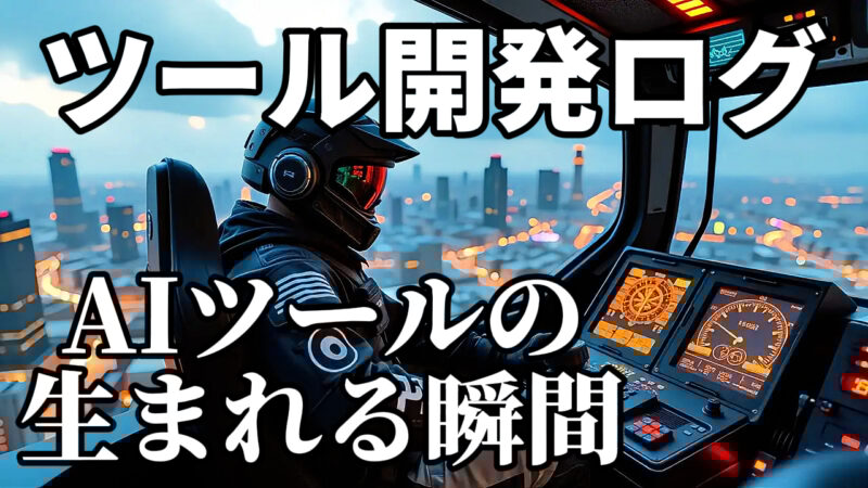PythonによるAIツール開発で、動画編集の自動化を実現する未来を描いたイメージ画像。「ツール開発ログ AIツールの生まれる瞬間」というテキストが、コンテンツ制作の革命を象徴しています。
