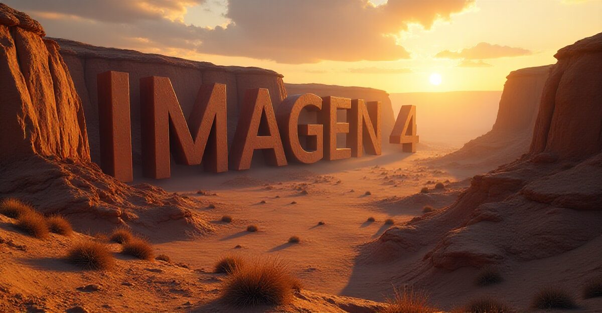 荒野の夕日を背景に巨大な岩の文字で「IMAGEN 4」と刻まれた風景。Googleの最新画像生成AIであるImagen 4のプロンプトエンジニアリングや使い方を解説する完全ガイドの象徴的な画像。