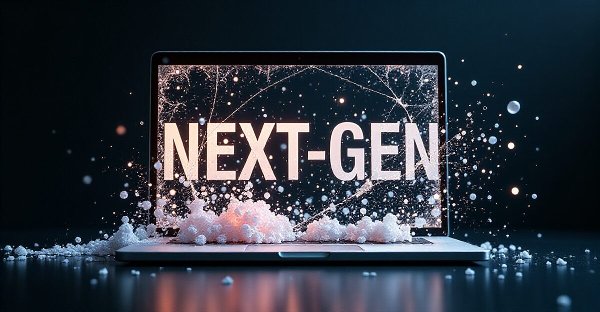 ノートパソコンの画面に「NEXT-GEN」と表示され、白い粒子が溢れ出す様子。AIによる次世代のWordPress記事生成ツールの使い方と、自動化がもたらす革新性を象徴している。