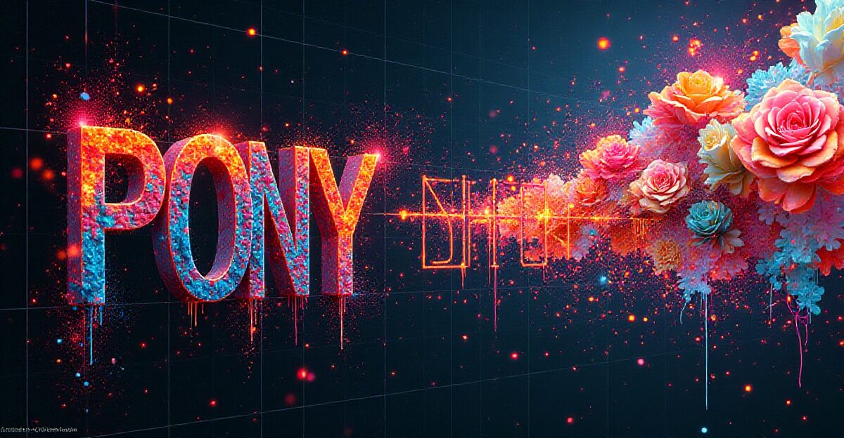 AIアート生成モデル「Pony Diffusion V6 XL」のプロンプトと使い方を解説する記事のアイキャッチ。赤と青の粒子でできた「PONY」の文字とカラフルな花が、モデルの表現力を象徴している。