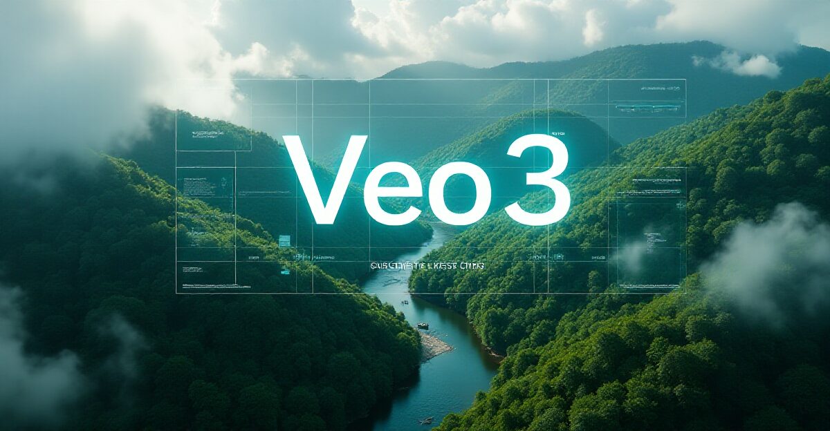 緑豊かな山々と川を背景に「Veo 3」のロゴが表示されている画像。Googleの動画生成AI「Veo 3」のプロンプトエンジニアリングの使い方を解説する完全ガイドのアイキャッチ。