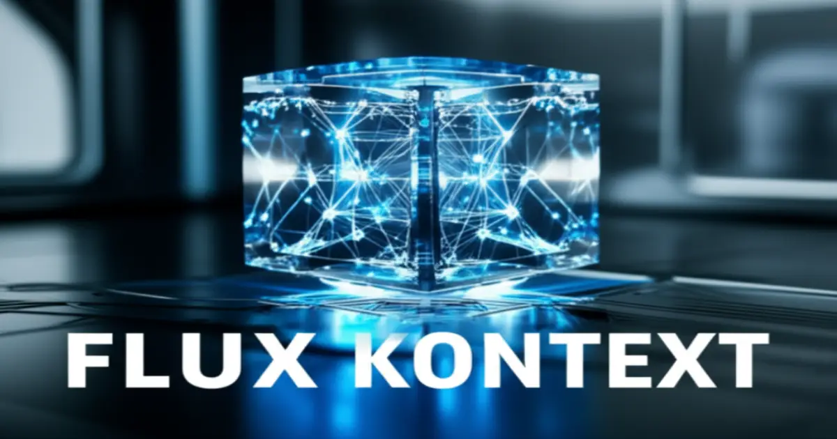 次世代の画像生成AI「FLUX Kontext」の仕組みや使い方を解説する記事のアイキャッチ。青く光るネットワークを内包したキューブが、競合との比較で優れる文脈理解能力を象徴し、レビューの高さを示唆している。