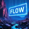壮大な渓谷の中央に、青く輝く「FLOW」の文字が浮かぶ。Googleの革新的なAI映像生成ツールの使い方や、Soraとの比較レビューを紹介する記事の象徴的なイメージ。