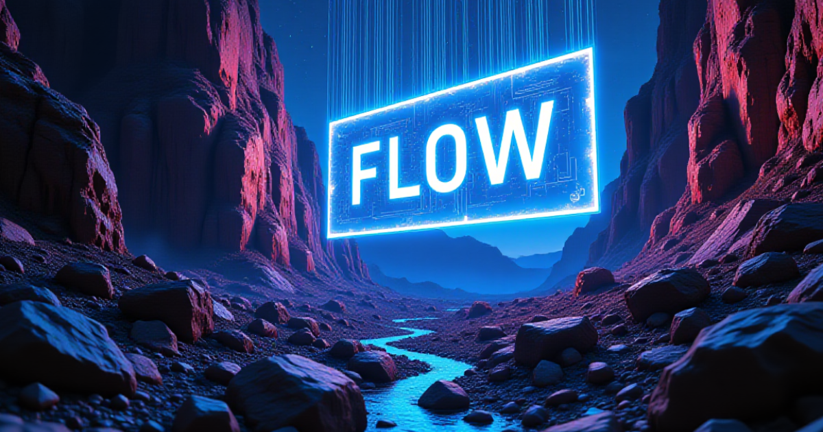 壮大な渓谷の中央に、青く輝く「FLOW」の文字が浮かぶ。Googleの革新的なAI映像生成ツールの使い方や、Soraとの比較レビューを紹介する記事の象徴的なイメージ。