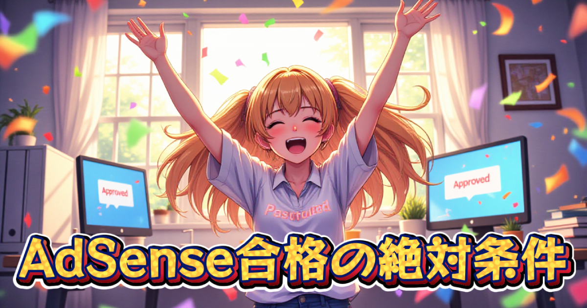 Google AdSense審査に合格し、両手を上げて喜ぶ女性のイラスト。PCモニターに「Approved」と表示され、合格の条件やコツを解説する記事のアイキャッチ画像。