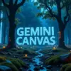 青く光る「GEMINI CANVAS」のロゴが浮かぶ幻想的な森の画像。GoogleのAI機能のレビュー記事で、その使い方や未来的な可能性を象徴している。