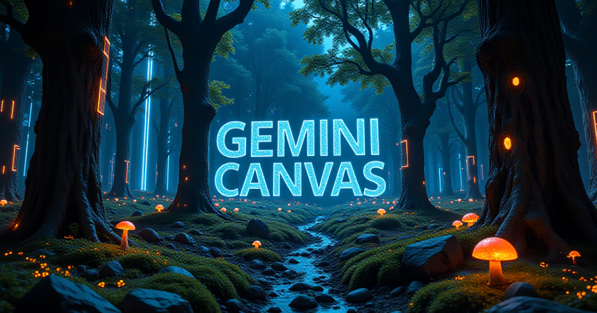 青く光る「GEMINI CANVAS」のロゴが浮かぶ幻想的な森の画像。GoogleのAI機能のレビュー記事で、その使い方や未来的な可能性を象徴している。