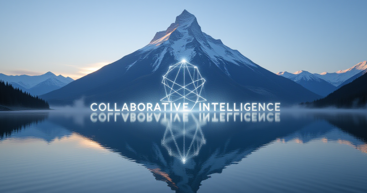 雪山を映す湖を背景に「COLLABORATIVE INTELLIGENCE」の文字が浮かぶ画像。人間とAIの協働が生む「協働知能」とは何か、そのフレームワークを象徴する。