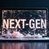 ノートパソコンの画面に「NEXT-GEN」と表示され、白い粒子が溢れ出す様子。AIによる次世代のWordPress記事生成ツールの使い方と、自動化がもたらす革新性を象徴している。