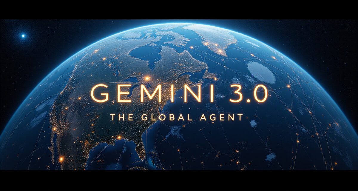 宇宙から見た地球の上に「GEMINI 3.0 THE GLOBAL AGENT」の文字。Googleの次世代エージェントAIのリリース時期と性能予測を象徴する画像。