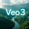 緑豊かな山々と川を背景に「Veo 3」のロゴが表示されている画像。Googleの動画生成AI「Veo 3」のプロンプトエンジニアリングの使い方を解説する完全ガイドのアイキャッチ。