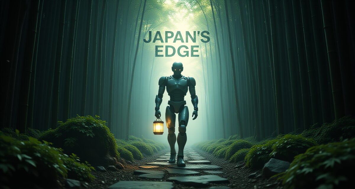 日本のAI戦略を象徴する画像。暗い竹林の中、石畳の道をランタンを持った人型ロボットが歩いている。日本の強みであるフィジカルAI教育の未来と国際比較における立ち位置を示唆している。