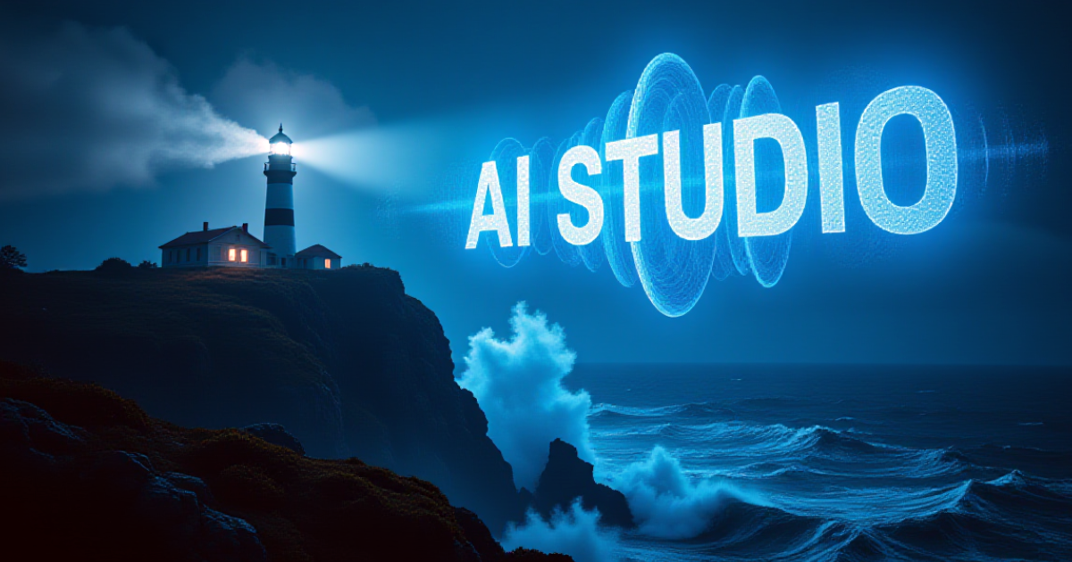 夜の海で光を放つ灯台と、空に浮かぶ「AI STUDIO」のロゴ。Google AI StudioのGeminiを使った音声生成機能の可能性と使い方を解説するレポートの象徴的な画像。