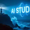 夜の海で光を放つ灯台と、空に浮かぶ「AI STUDIO」のロゴ。Google AI StudioのGeminiを使った音声生成機能の可能性と使い方を解説するレポートの象徴的な画像。