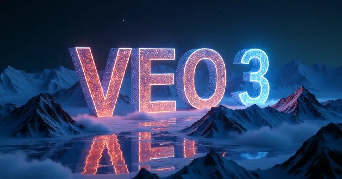雪山と湖を背景に「VEO 3」の文字が光る壮大な風景。Googleの最新ビデオ生成AIについて、Soraとの比較や使い方を徹底解説する記事のアイキャッチ画像。