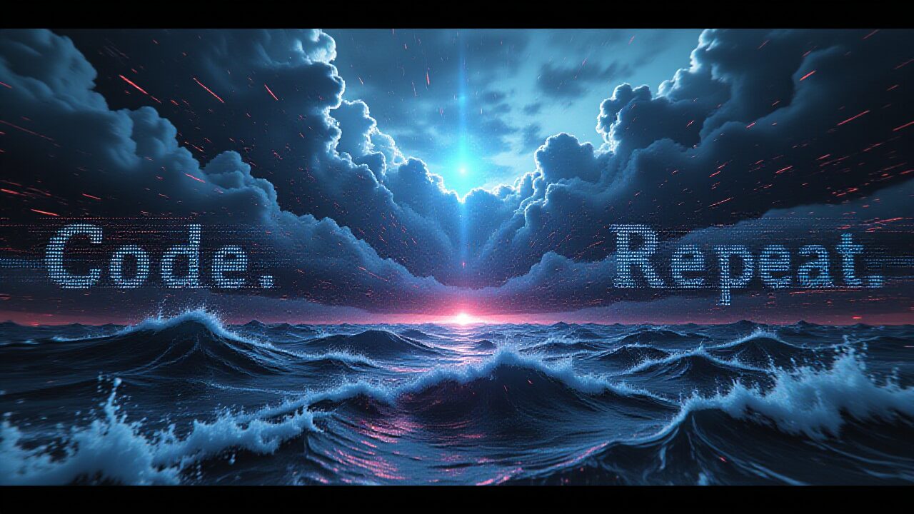 荒波の立つ海と空に「Code. Repeat.」と浮かぶAIアート。AI動画生成ツール「Veo Hook Studio」の開発プロセスにおける、プロンプトエンジニアリングの試行錯誤を象徴している。