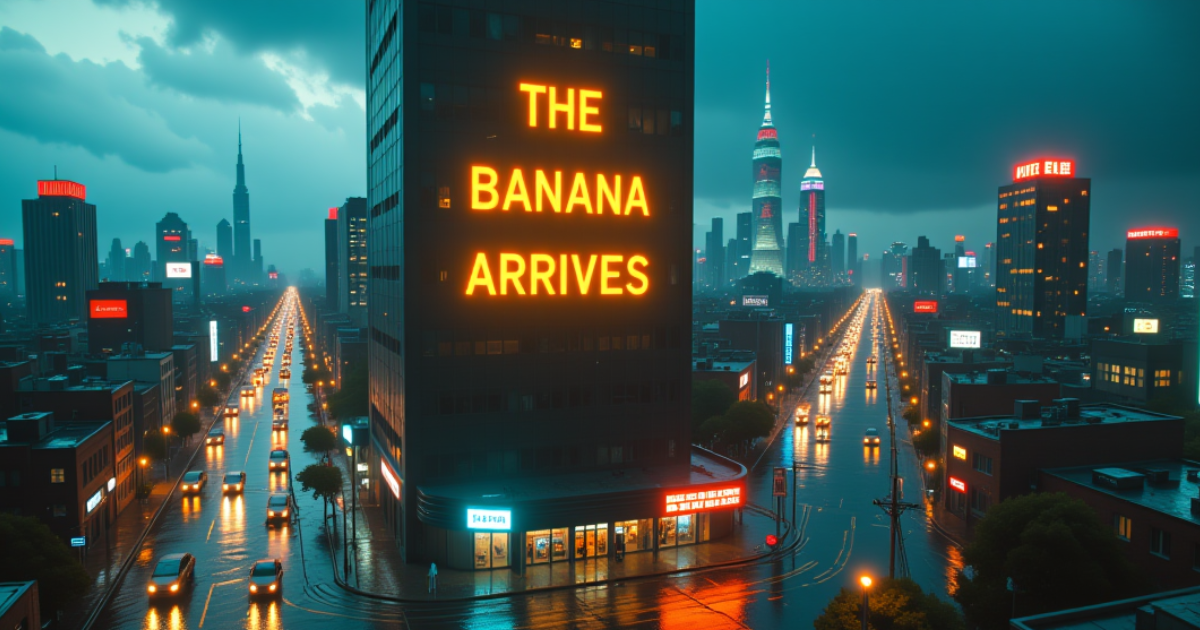 雨に濡れた未来的な夜の都市。中央の高層ビルに「THE BANANA ARRIVES」と光る看板があり、画像生成AI「ナノバナナ」の市場への衝撃的な登場を象徴している。