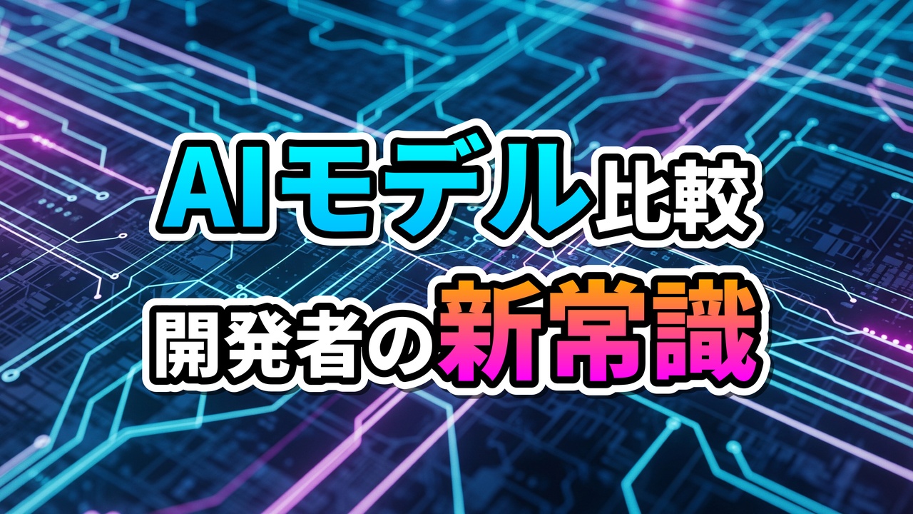 青と紫のデジタル回路基板を背景に「AIモデル比較 開発者の新常識」と書かれたタイトル画像。AI画像生成技術の進化を示唆します。