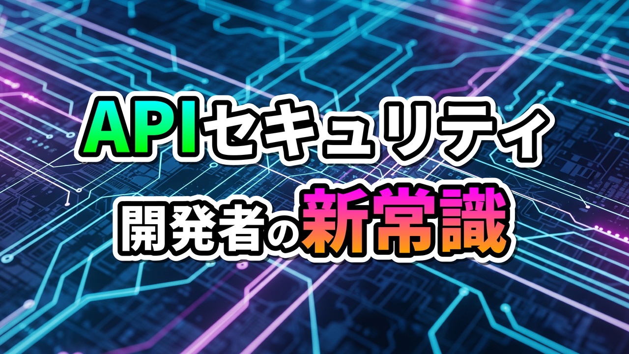 回路基板を背景に「APIセキュリティ 開発者の新常識」の文字が緑とピンクのグラデーションで表示され、開発者向けAPIセキュリティの重要性を示唆する。