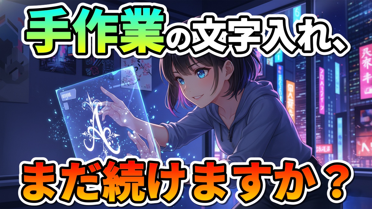 未来的なUIで文字をデザインする女性と「手作業の文字入れ、まだ続けますか？」というテキスト。AIによるデザイン自動生成で作業を効率化するCokonaMoji-Studioのイメージ。